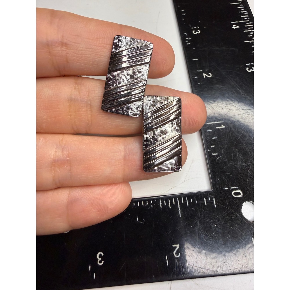 Gunmetal Grey Rectangular Textured Diagonal Stripe Toggle Back Cufflinks